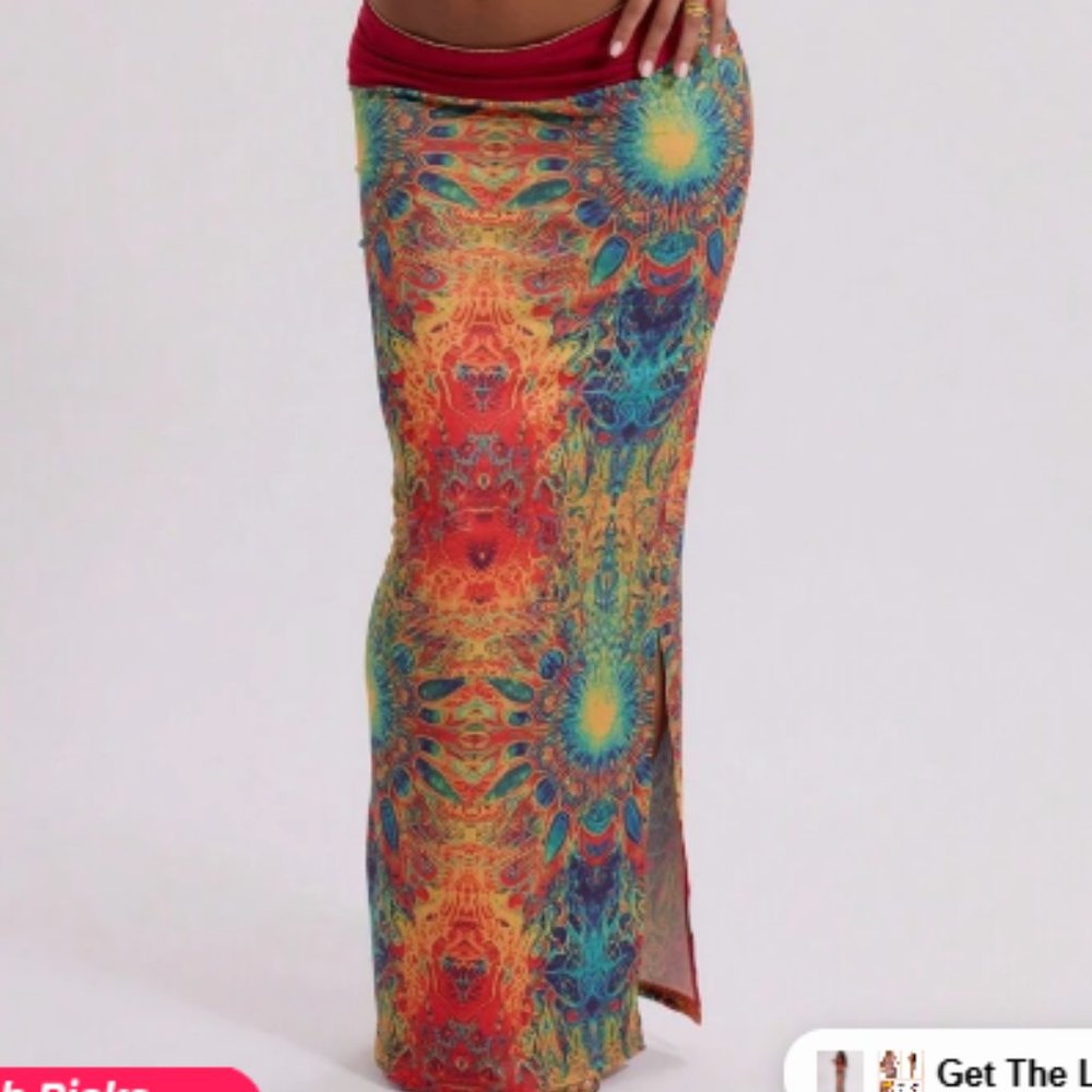 MUSERA Slinky Allovrer Print Folded Maxi Skirt Vacation Summer Ibiza Spring